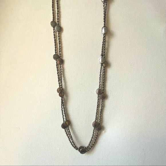 Silver bead layering necklace with leather knots 30 inches single or double wrap - Picture 7 of 9